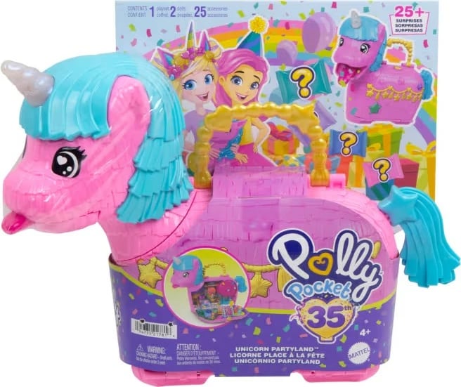 Set figurina Polly Pocket Unicorn Surprise, Mattel HYD96, 2 mikrolodina, 25+ aksesorë, rozë