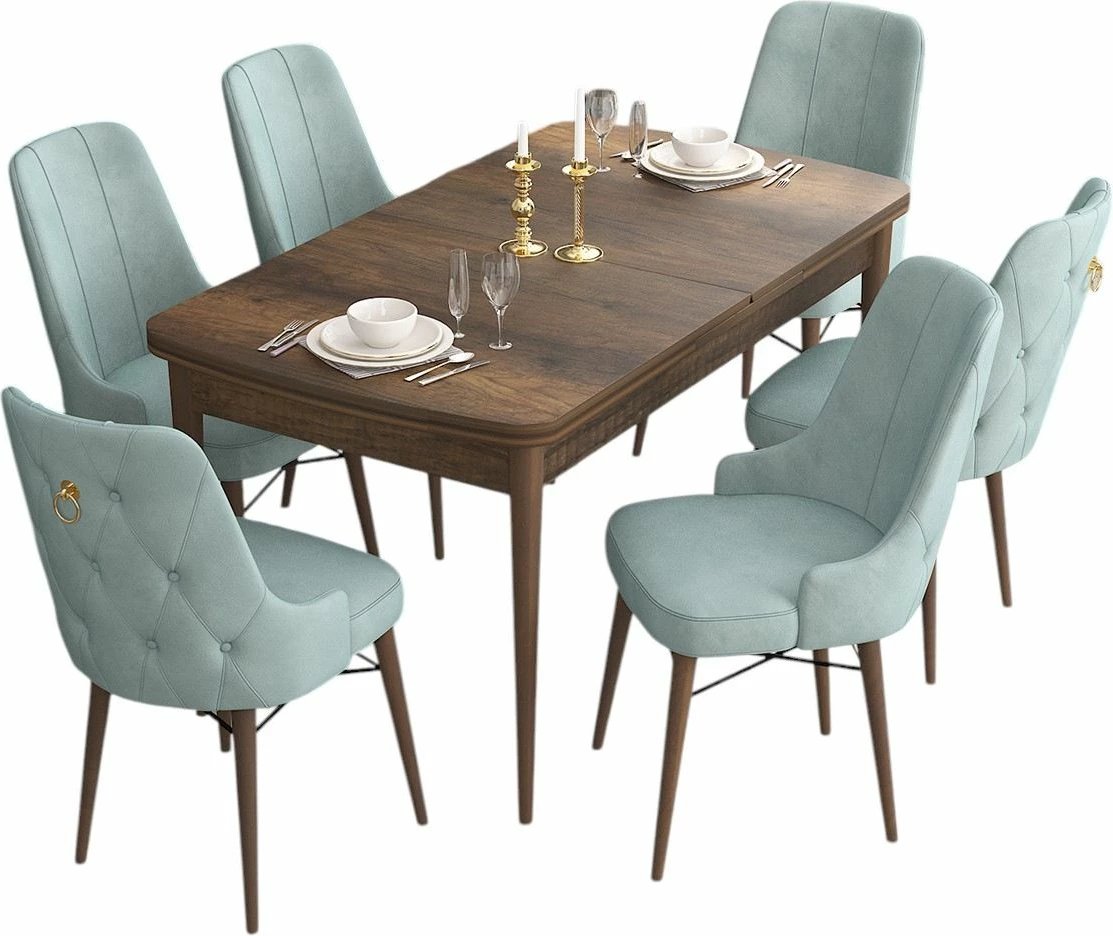 Tavolinë me karrige për ngrënie, zgjatshme, 7 copë, Skye Decor, Barok, Jeshile deti
