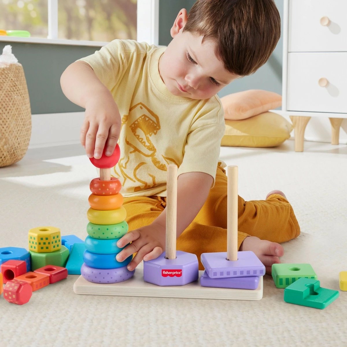Lodër edukative prej druri Fisher Price HXT76, piramidë për renditje formash, shumëngjyrëshe, 25 pjesë