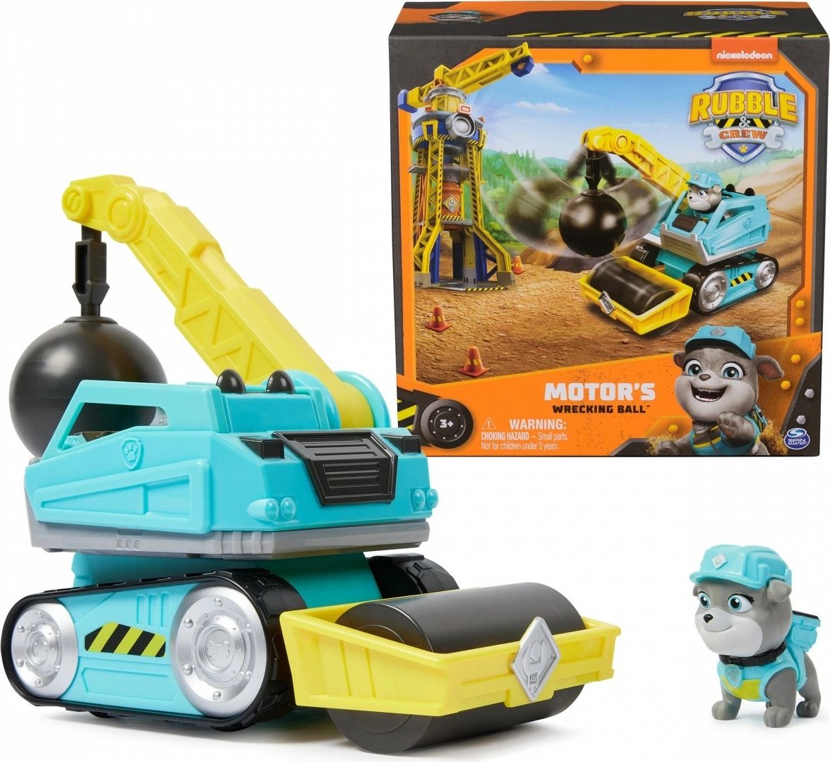 Lodër mjet ndërtimi, Spin Master Paw Patrol Rubble & Crew Motor’s Wrecking Ball 6069674, plastikë, pa bateri, azure/verdhe, set me figurë