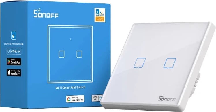Switch i mençur Sonoff T2EU2C-TX, 2 kanale, WiFi + RF 433MHz, i bardhë