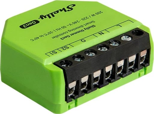 Dimmer Shelly Dimmer Gen3, wireless, kontroll me aplikacion, për LED, zi/lime