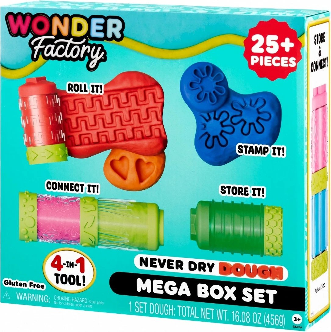 Set plasteline Wonder Factory Never Dry Dough Mega Box, MGA, 8 ngjyra, 25+ pjesë