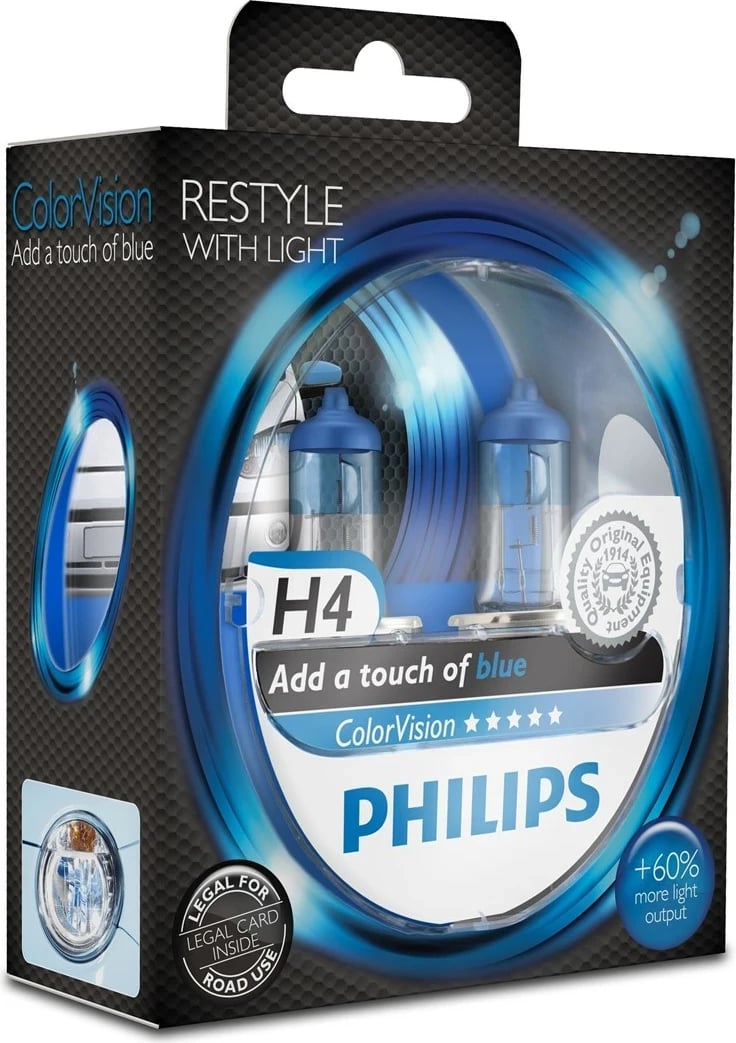Llambë veture Philips ColorVision H4, 55 W, 12 V, Bardhë/Blue, set 2 copë