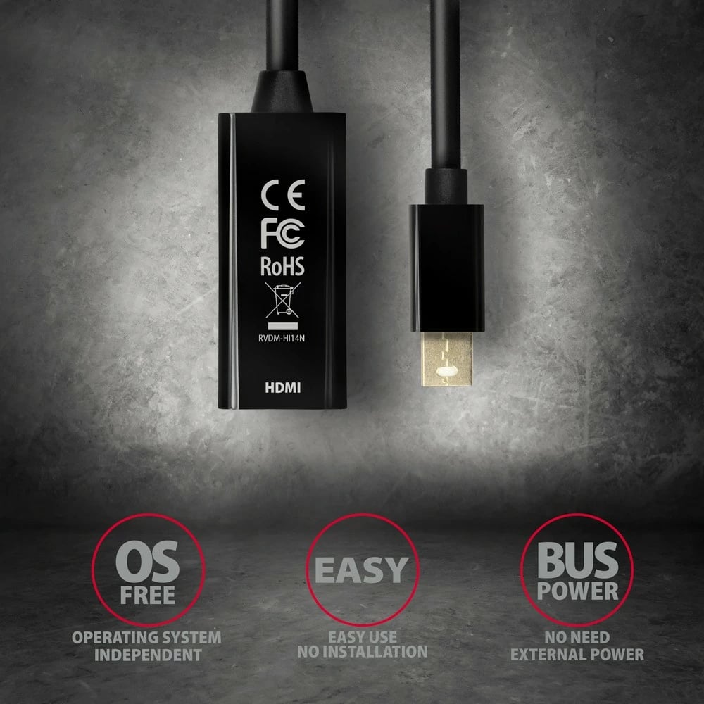 Adapter aktiv AXAGON RVDM-HI14N Mini DisplayPort në HDMI, 4K/30Hz, i zi