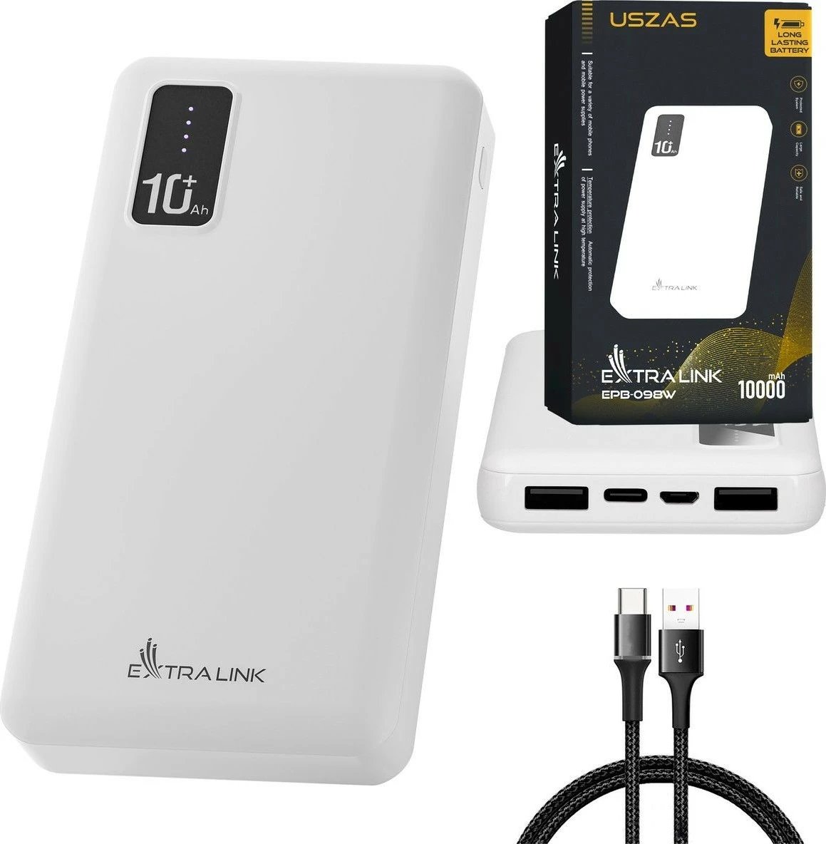 Powerbank Extralink EPB-098W, 10000 mAh, Bardhë