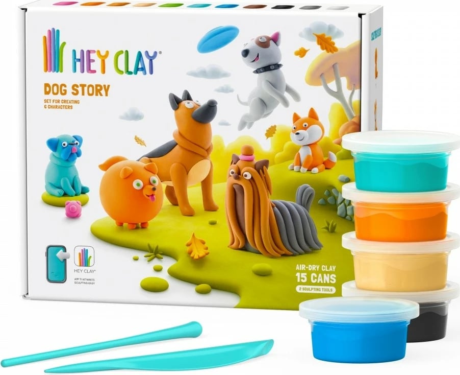 Set plastelinë, Tm Toys Hey Clay Dog Story HCL15024CEE, 15 kana, 11 ngjyra, me mjete dhe kod aplikacioni