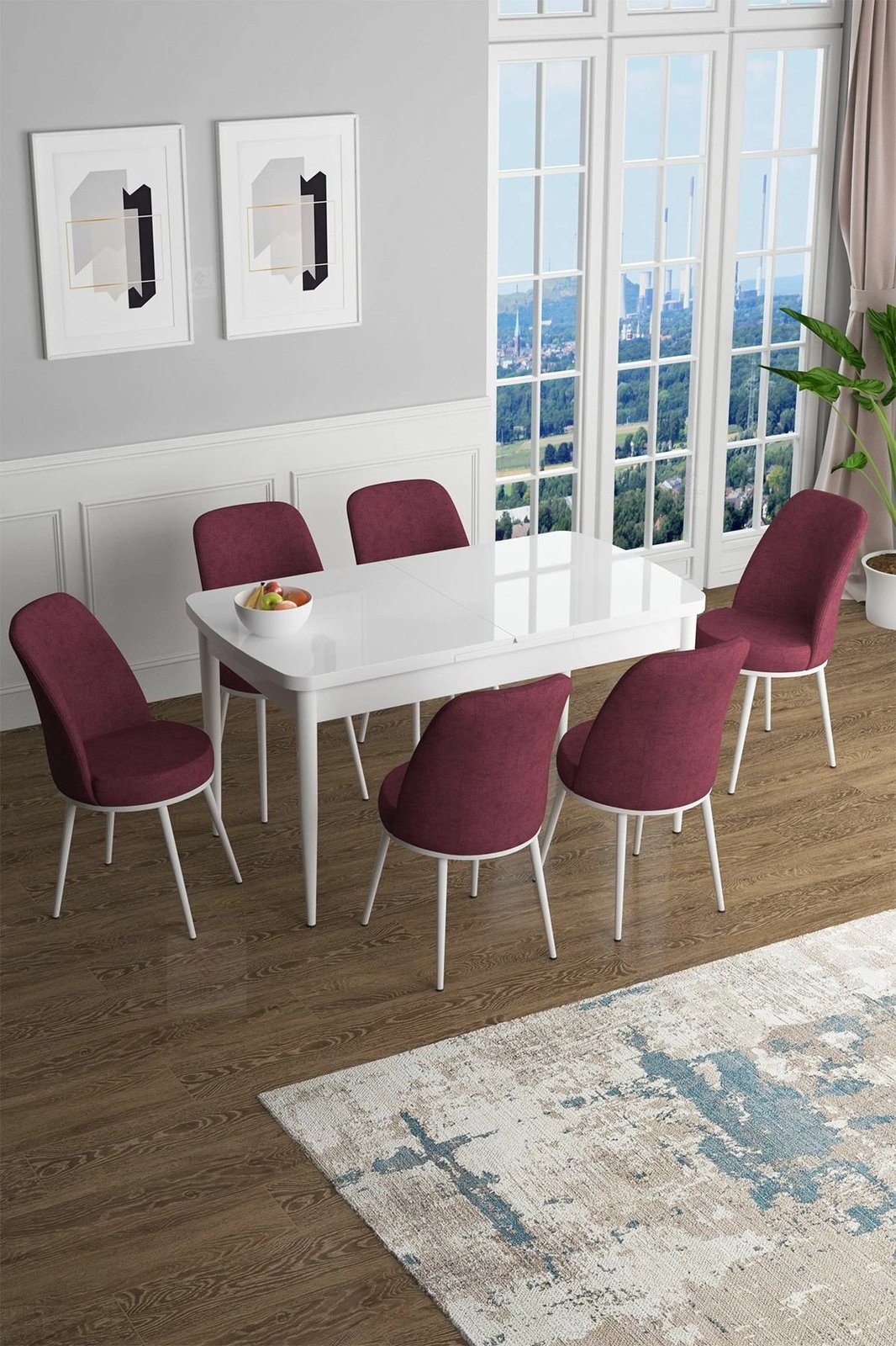 Tavolinë me karrige për ngrënie, e zgjatshme, 7 copë, Skye Decor, e bardhë dhe burgundy