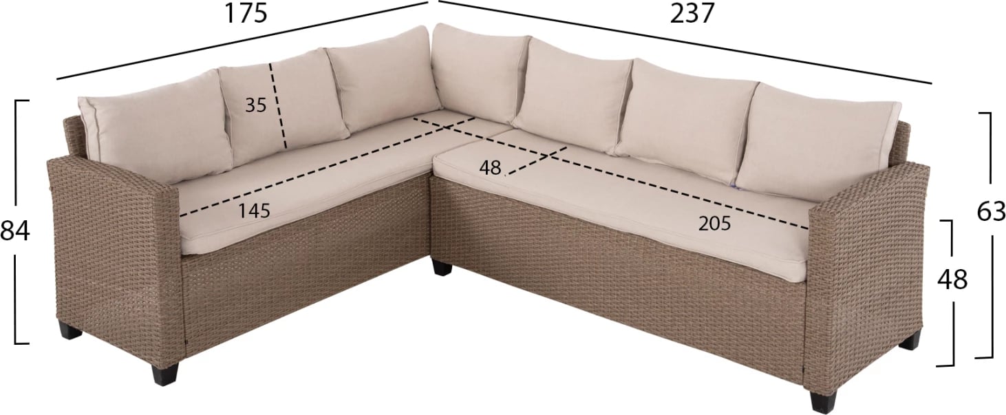 Set salloni për jashtë, kënd i djathtë, Carson, FH6078.02, ratan sintetik, jastëkë, dru PS, ngjyrë mocha