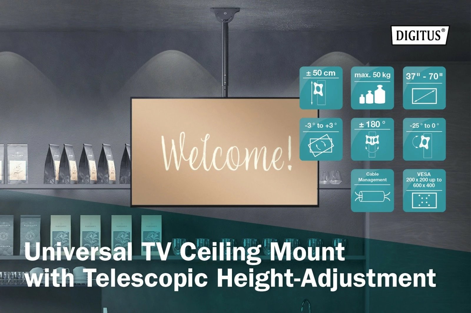 Mbajtës tavani për TV Digitus DA-90421, 37-70 inç, rregullim teleskopik 56-91 cm, i zi