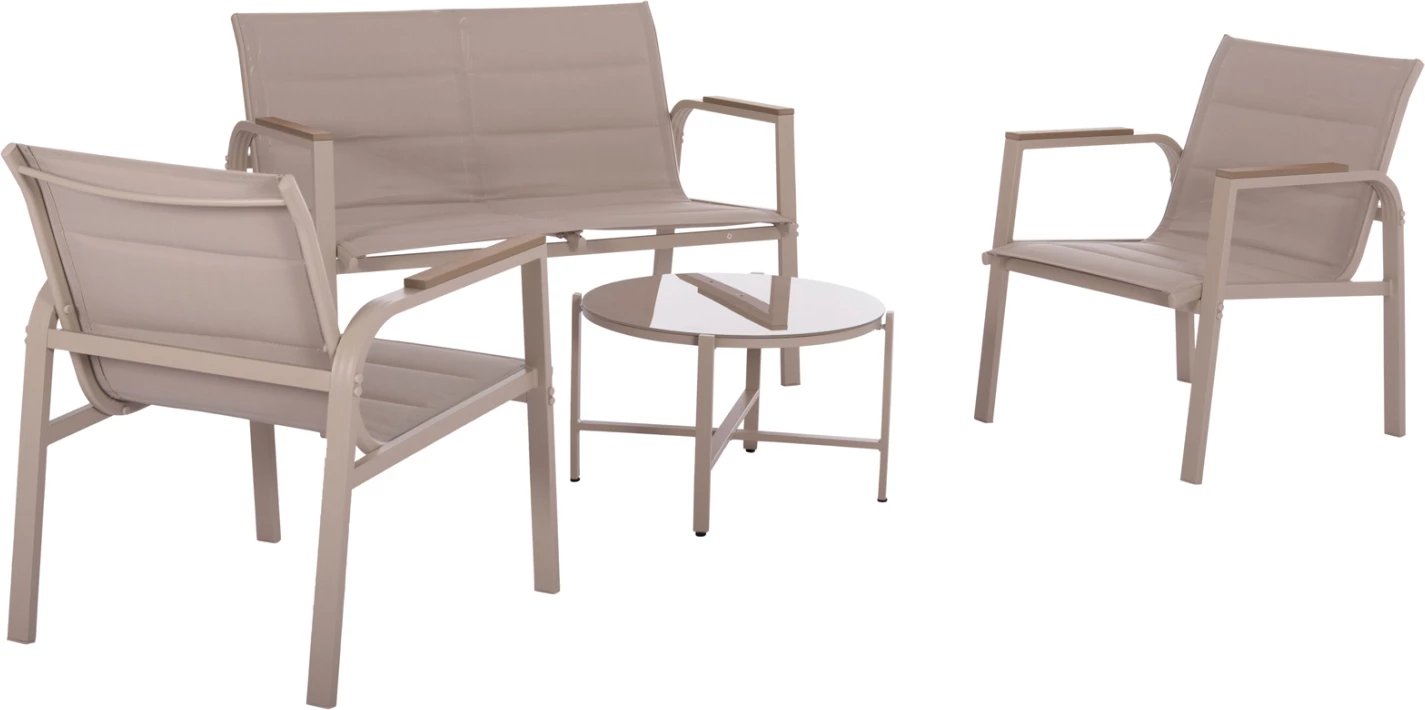 Set lounge për jashtë, 4 pjesë, Juliette, alumin, tekstilene, xham i temperuar, kapuçino, FH6280.04