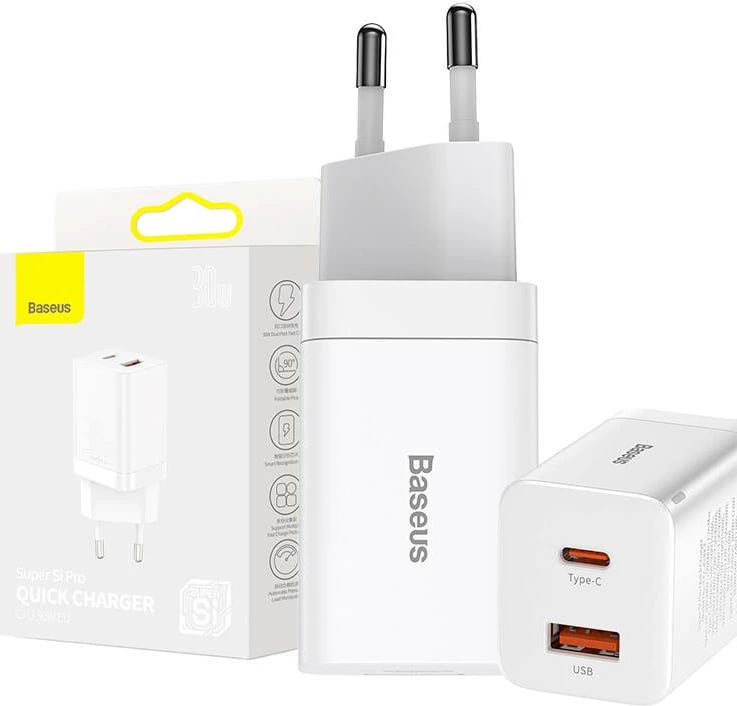Karikues rrjeti Baseus CCSUPP-E02, Super Si Pro, 30W, USB + USB-C, i bardhë