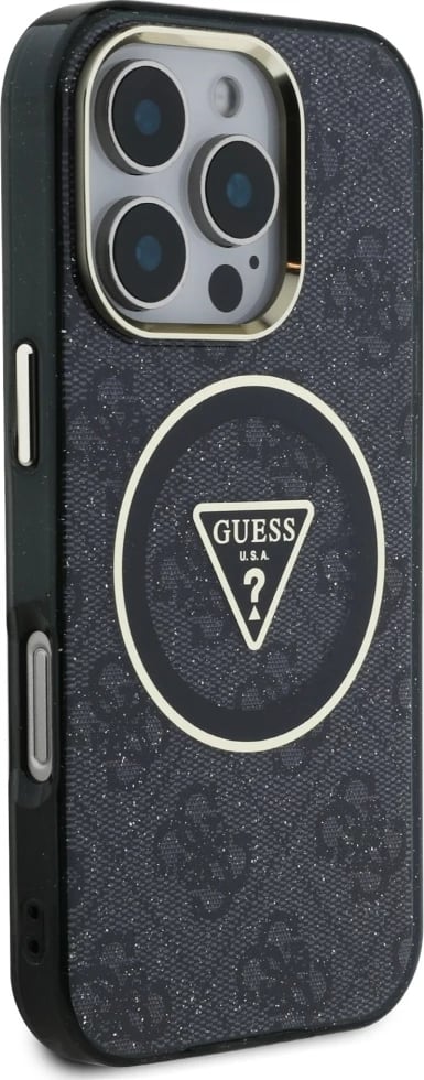 Mbështjellës Guess IML Metal Glitter 4G Circle Triangle MagSafe për iPhone 16 Pro Max, Zi