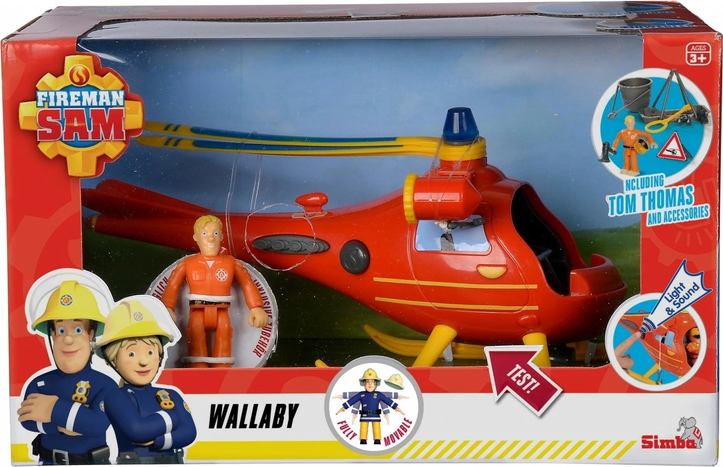 Helikopter lodër Fireman Sam Wallaby me figurë Tom Thomas, portokalli/kuq