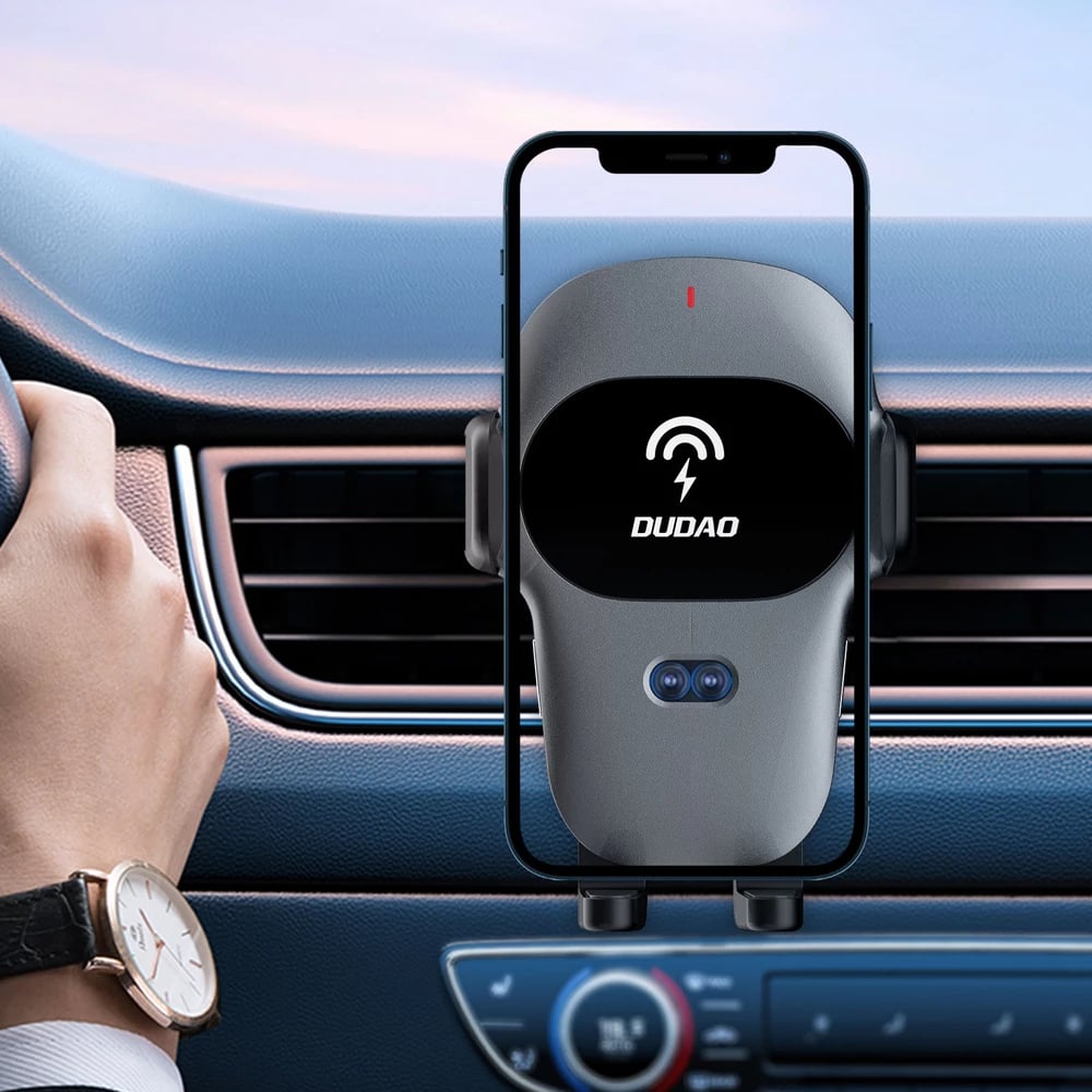 Mbajtës automatik për celular Dudao F20xs me karikues wireless 15W, Gri
