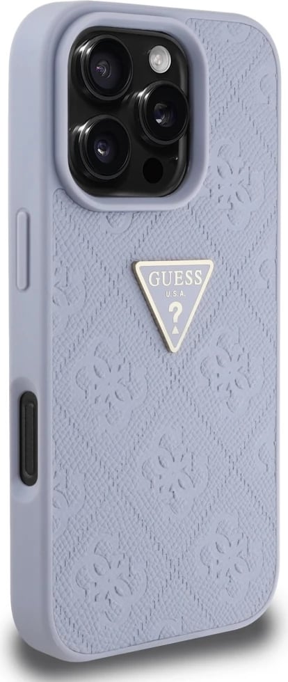 Mbështjellës Guess Hot Stamp 4G Pattern Triangle Metal Logo për iPhone 16 Pro, Vjollcë