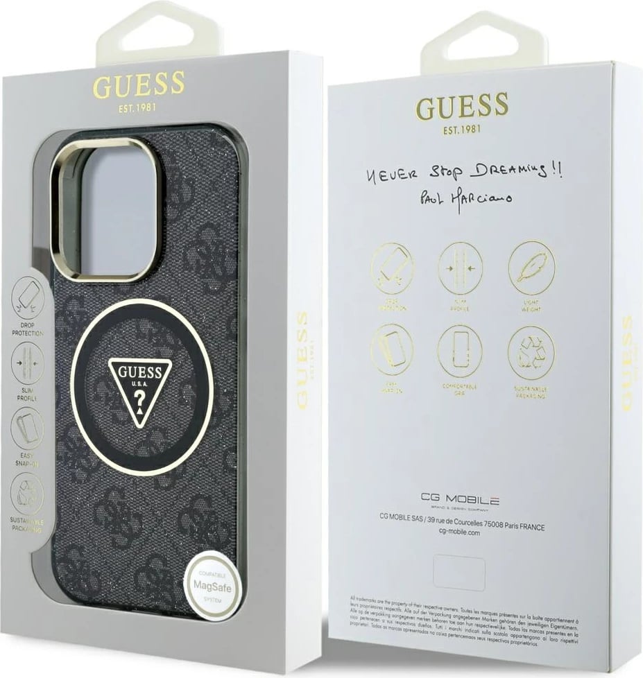 Mbështjellës Guess IML Metal Glitter 4G Circle Triangle MagSafe për iPhone 16 Pro Max, Zi