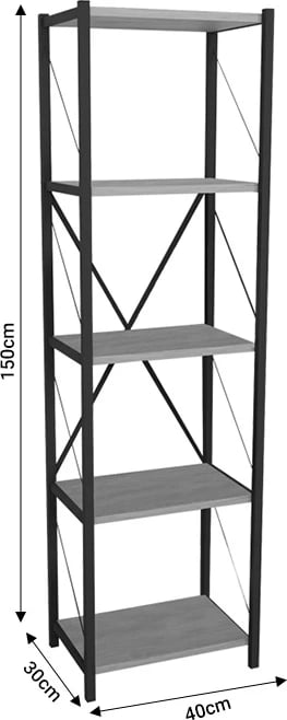 Raft librash Glase, melaminë lisi-metal i zi, 40x30x150cm