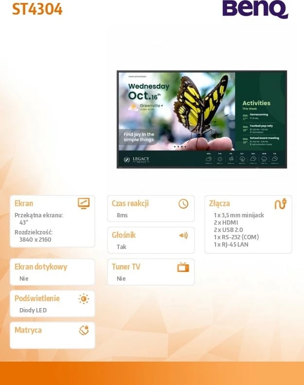 Monitor format i madh BenQ ST4304 43", 4K UHD, Android 14, 350 nit, altoparlantë, 2x HDMI, i zi