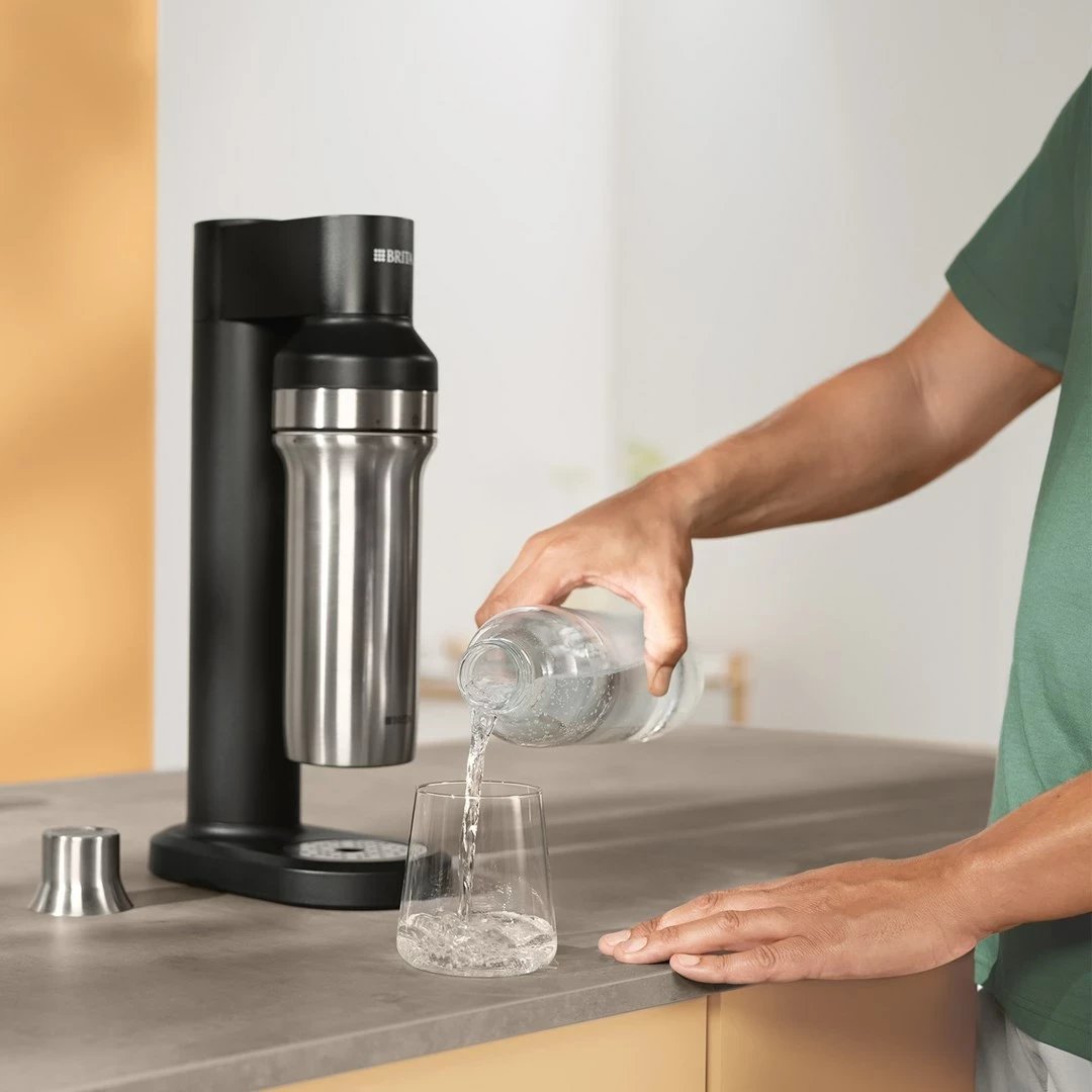 Shishe karbonizuese BRITA sodaTRIO, 1 L, Qelq, 2 copë, Argjendtë