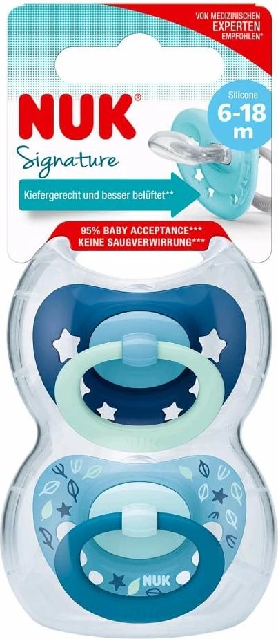 Qetësues bebe NUK Signature 6-18 m, silikon, ortodontik, pa BPA, për djem, blu, set 2 copë