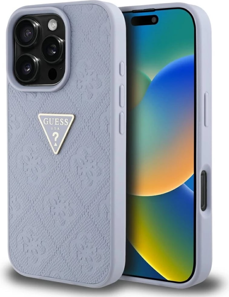 Mbështjellës Guess Hot Stamp 4G Pattern Triangle Metal Logo për iPhone 16 Pro, Vjollcë
