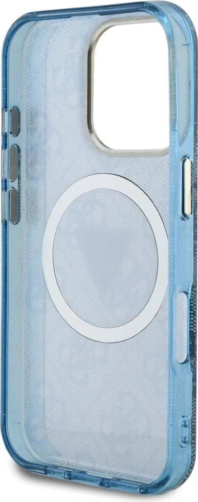 Mbështjellës Guess IML Metal Glitter 4G Circle Triangle MagSafe për iPhone 16 Pro, Blu