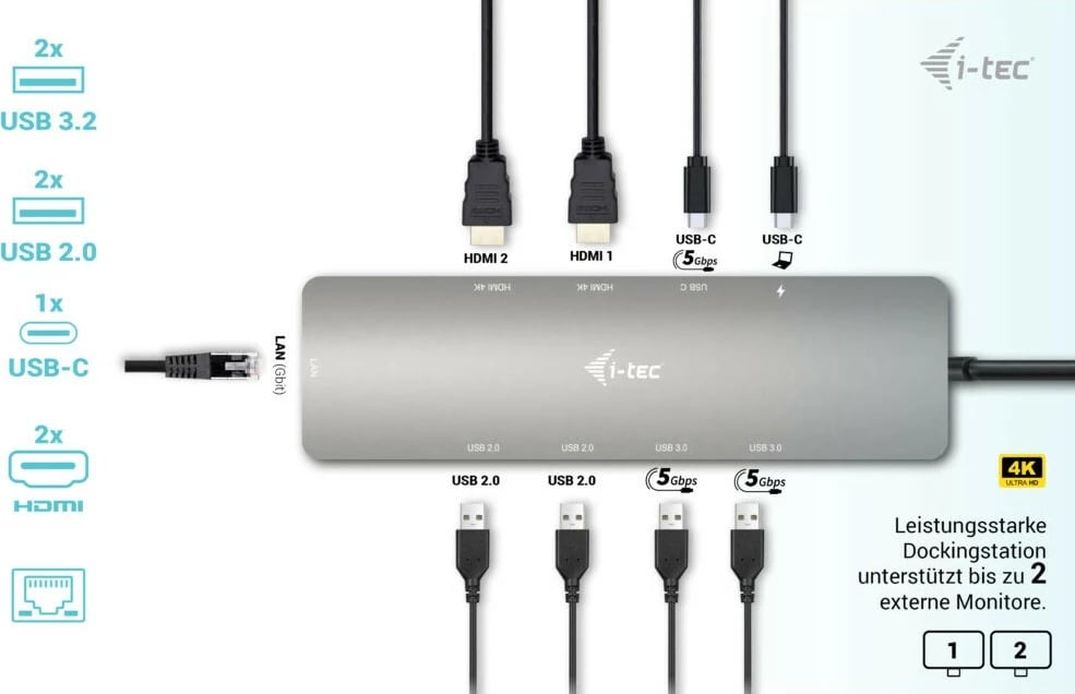 Docking station I-Tec USB-C Metal Nano, 2x HDMI, Power Delivery 100W, argjendtë