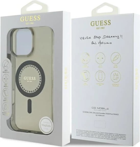Mbështjellës Guess IML Rhinestones MagSafe për iPhone 16 Pro, Zi