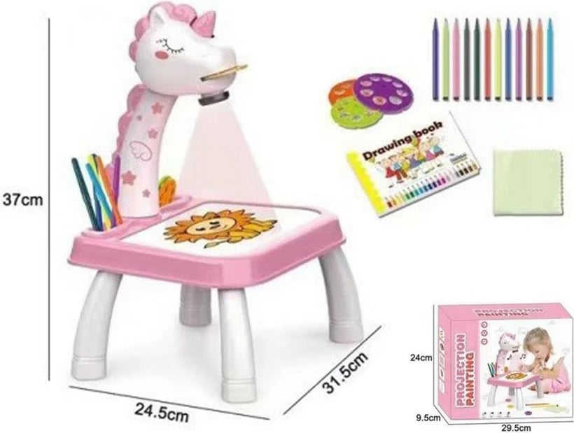 Projektor vizatimi Madej Unicorn, set me 12 markera, 3 disqe, tavolinë, rozë
