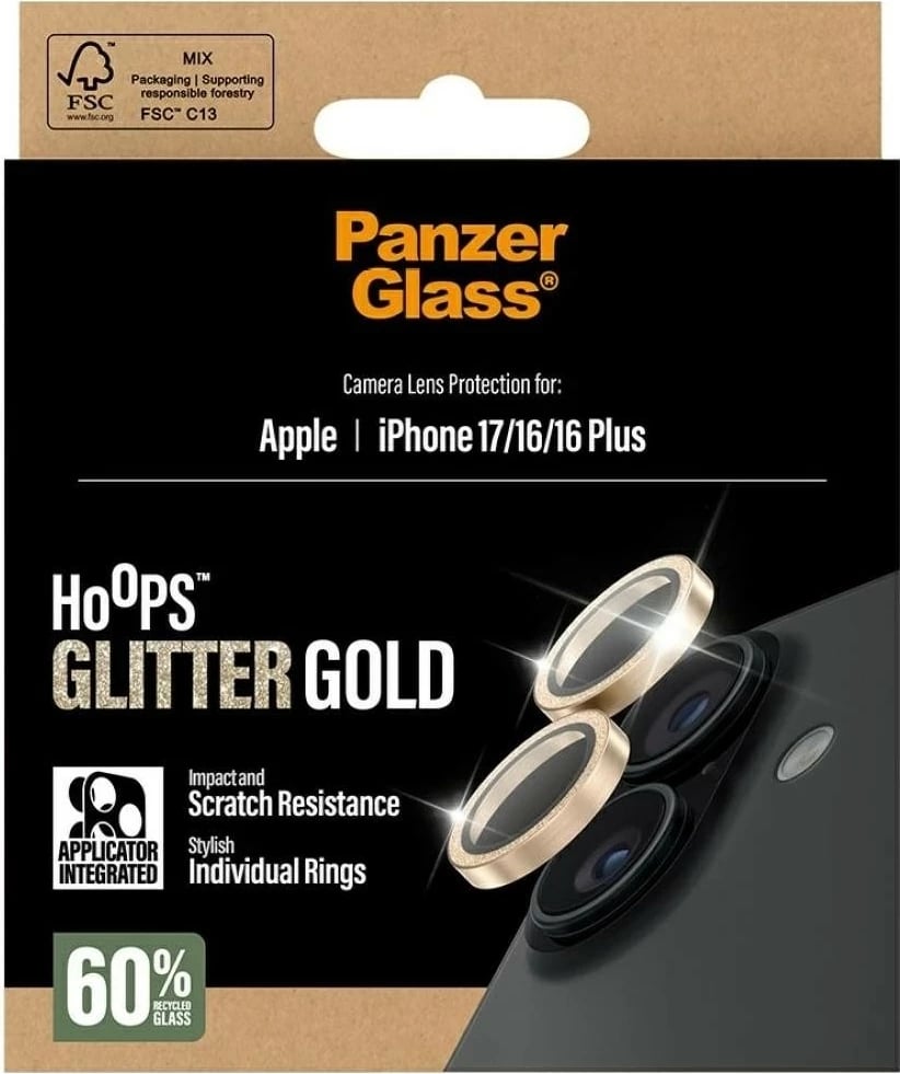 Mbështjellës PanzerGlass Hoops Glitter për kamerë, iPhone 16/16 Plus/17, ari