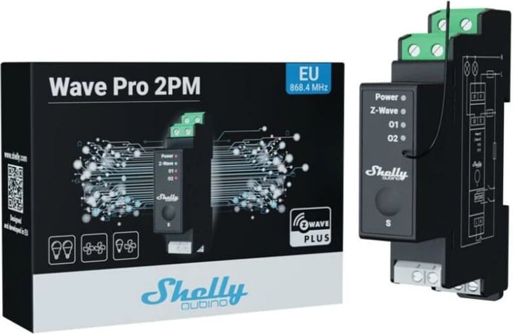 Switch DIN rail, Shelly, Wave Pro 2PM (QBWAVPRO2PM), 2 kanale 2x16A total 25A, matje fuqie, Z‑Wave S800, i zi