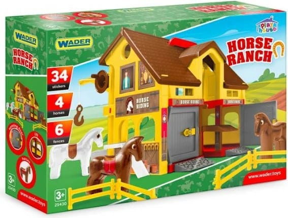 Set lodrash stallë kuajsh Wader Play House, 4 kuaj, 6 gardhe, 34 ngjitëse