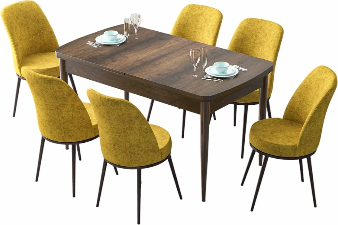 Tavolinë me karrige, zgjatshme, 7 copë, Skye Decor, ngjyrë barok dhe mustard