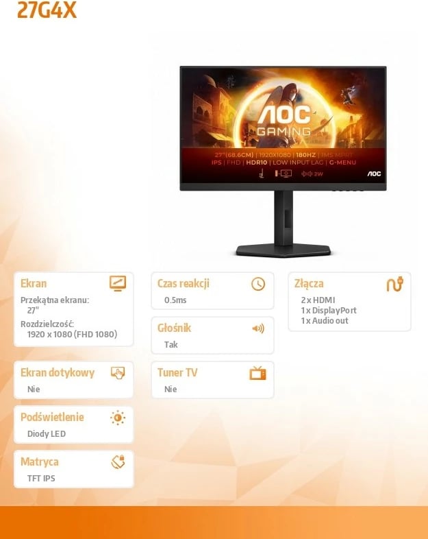 Monitor AOC 27G4X, 27", IPS, 180Hz, FHD, i zi