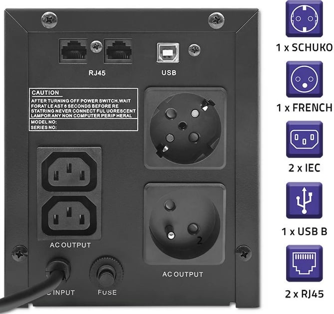 Kasë UPS Qoltec Monolith 1500VA 900W me LCD, USB, e zezë