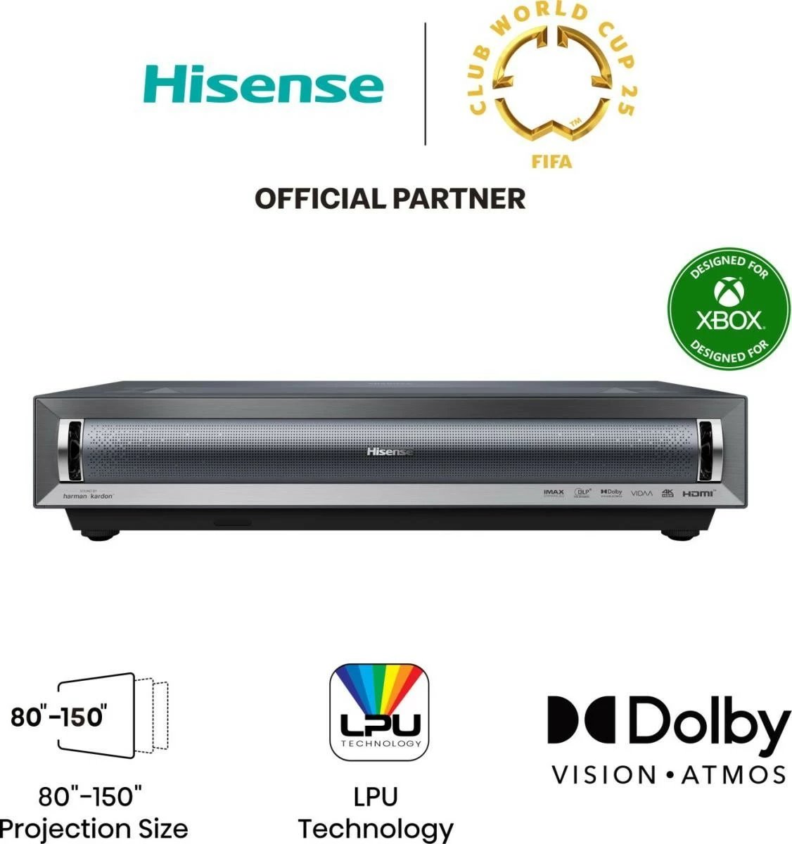 Projektor smart me lazer 4K, Hisense PX3, UST 80–150", 2800 ANSI lm, Dolby Vision/Atmos, Wi‑Fi/Bluetooth, gri