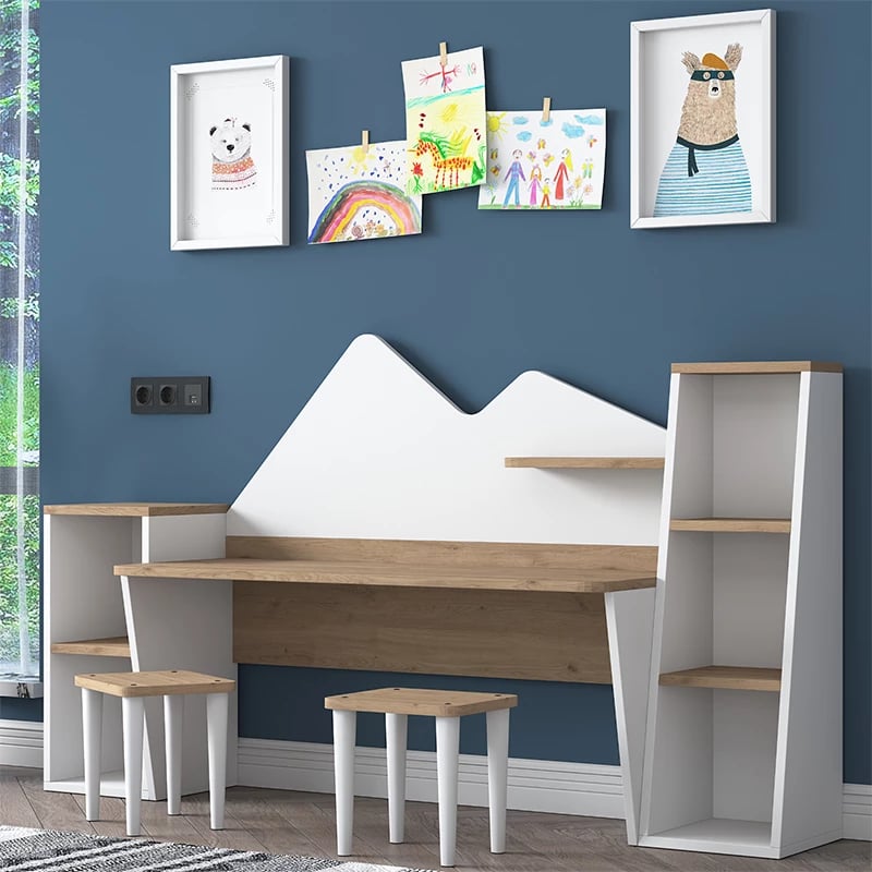 Set për zyre për fëmijë 3 pjesë Bubble, arrë-bardhë, 180x45x93.5cm