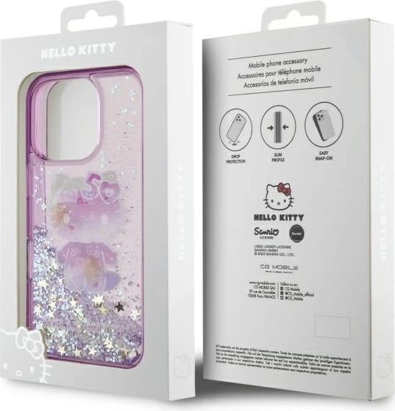 Mbështjellës Hello Kitty Liquid Glitter 50TH Anniversary Party për iPhone 16 Pro, Violet