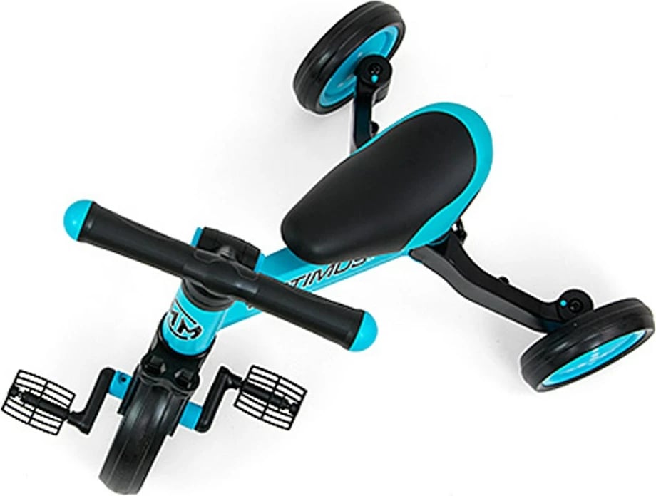 tricikel 3‑në‑1 fëmijë, Milly Mally Optimus, kornizë çeliku, rrota shkumë, sedilje e rregullueshme, deri 25 kg, blu