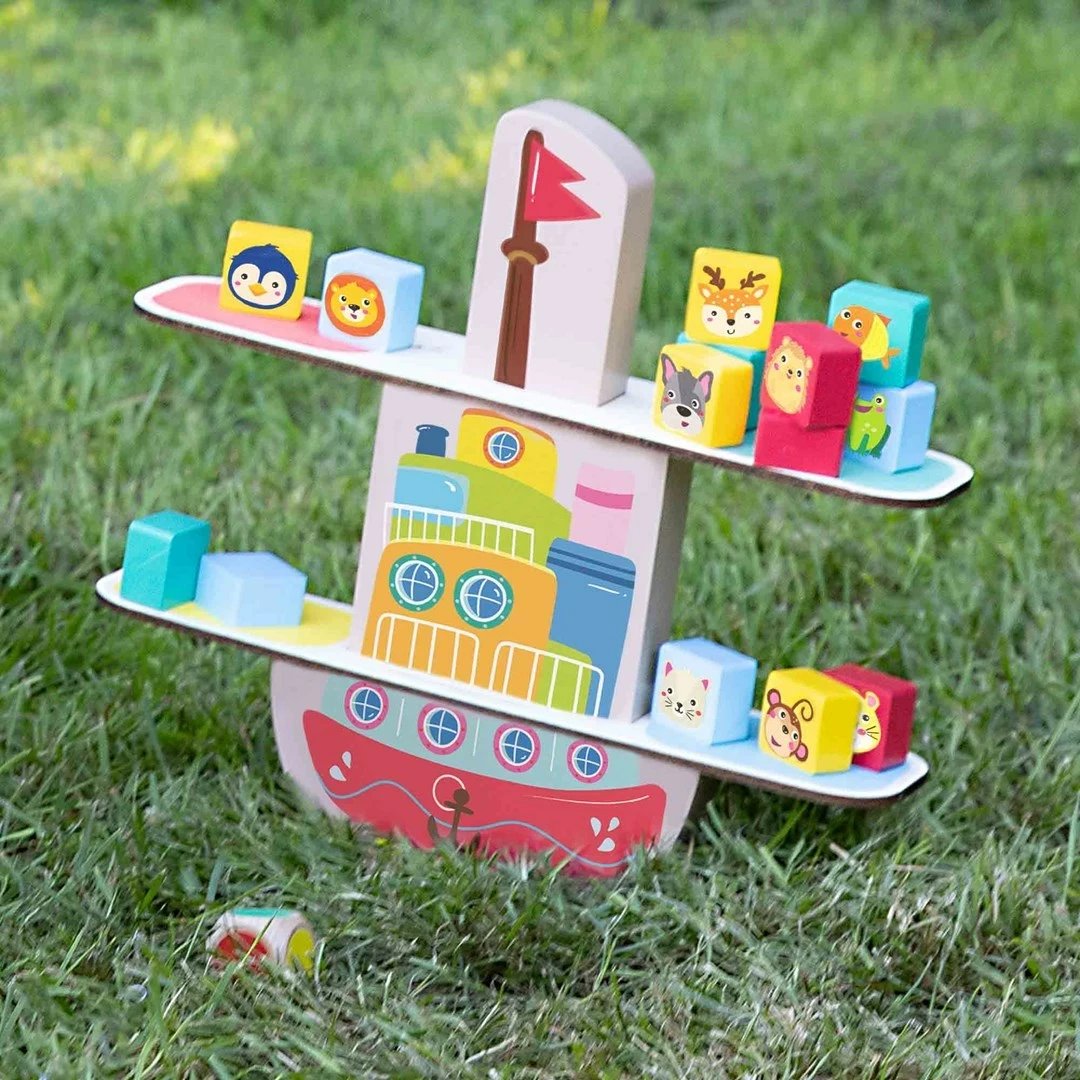 Lojë balancimi prej druri Ses Wooden Balance Boat, për fëmijë, shumëngjyrëshe