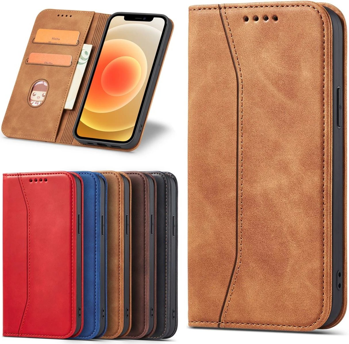 Mbështjellës Hurtel Magnet Fancy Case për iPhone 12 Pro Max, me portofol dhe mbajtëse, Kafe