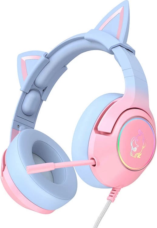 Kufje gaming ONIKUMA K9 me mikrofon, pink-blue, me veshë maceje, RGB