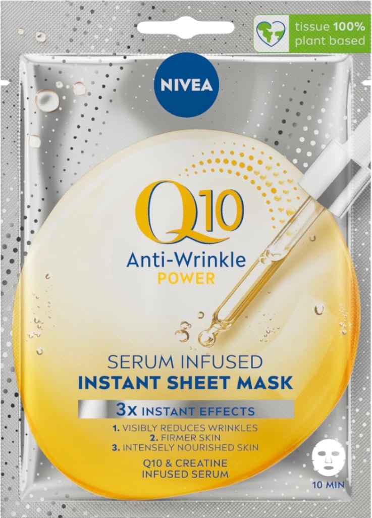 Maskë fytyre për femra Nivea Q10 Sheet Mask me serum anti-rrudhë, 1 copë