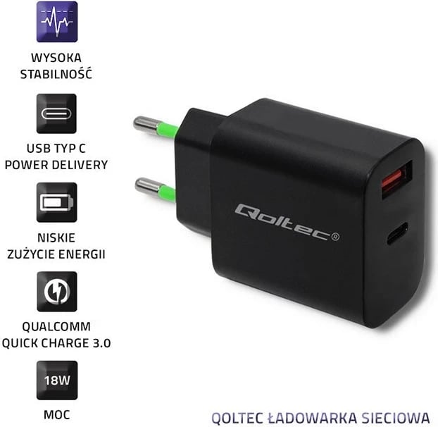 Karikuesi Qoltec 51713, 18W, USB tip C PD & USB QC 3.0, Zi