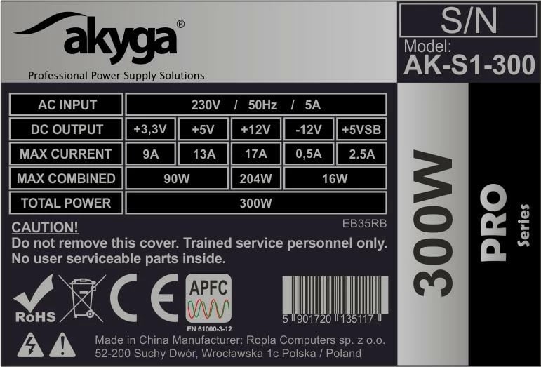 Kasë furnizuesi AKYGA AK-S1-300, 300W, SFX, Hiri