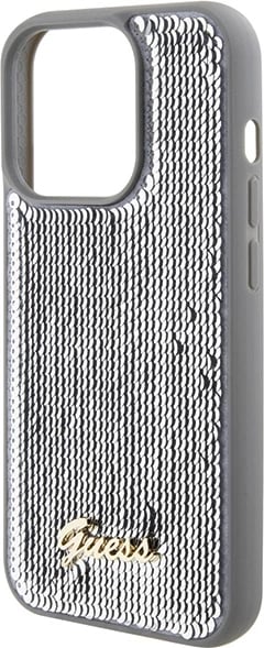 Mbështjellës Guess Sequin Script Metal për iPhone 15 Pro, argjendtë