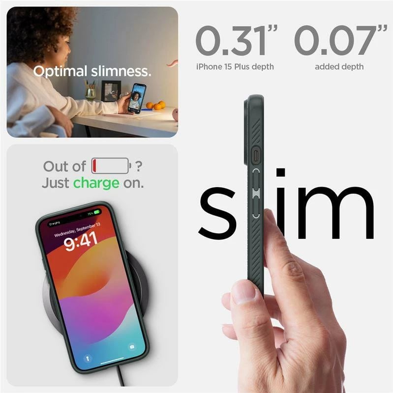 Mbështjellës Spigen Liquid Air për iPhone 15 Plus, Gjelbër e errët
