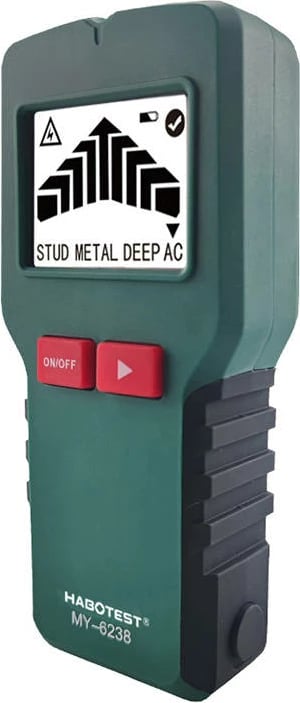 Detektor shumëfunksional Habotest MY6238 4‑në‑1, zbulim metal/druri/AC/zbrazëti, ekran LCD 43×33 mm, me bateri 9V dhe etui