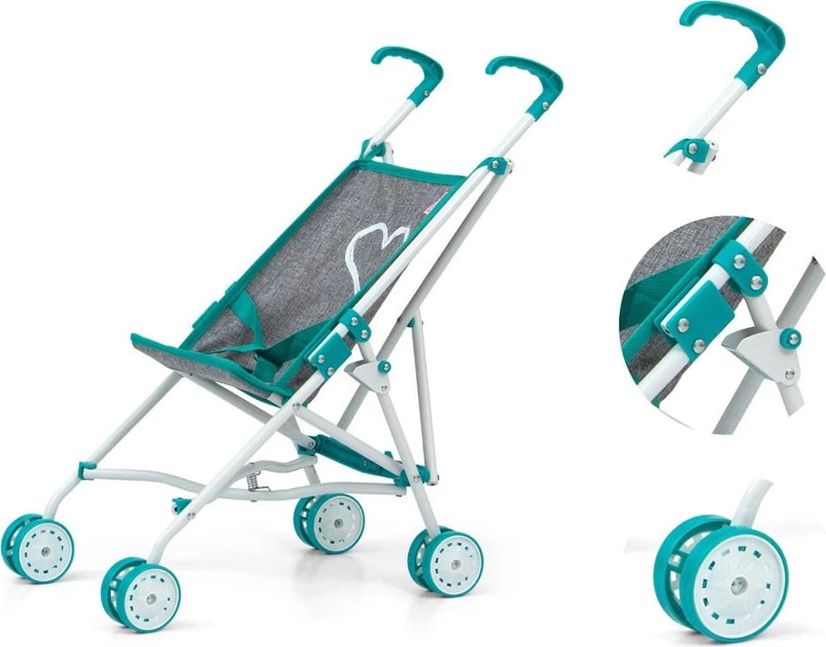 Karrocë golf për kukulla, Milly Mally Julia Prestige, për kukulla deri 50 cm, strukturë metalike, palosje ombrellë, turkeze